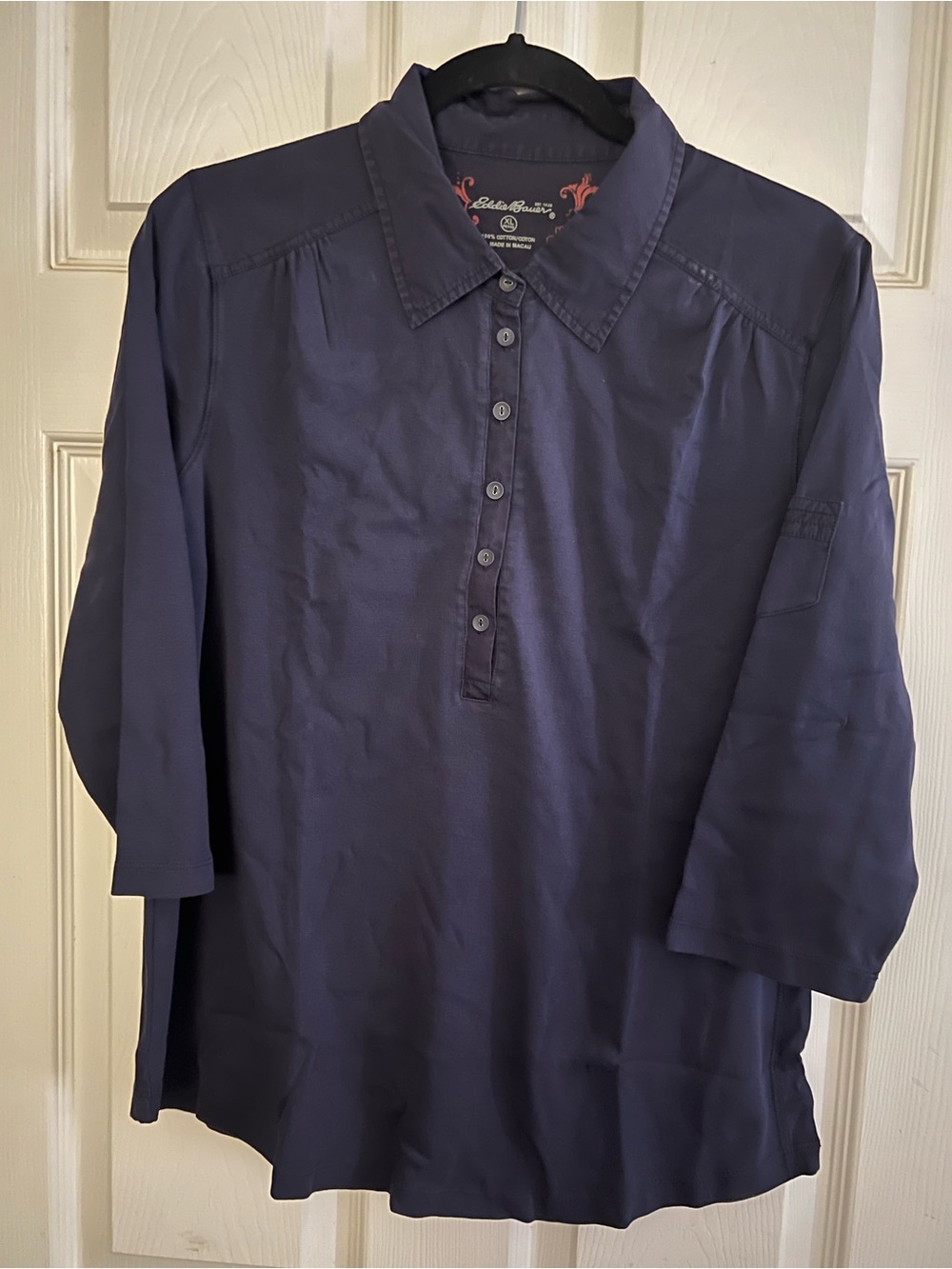 Eddie Bauer Women’s XL Petite Navy Button-Front Polo 3/4 Sleeve Shirt, NWOT.